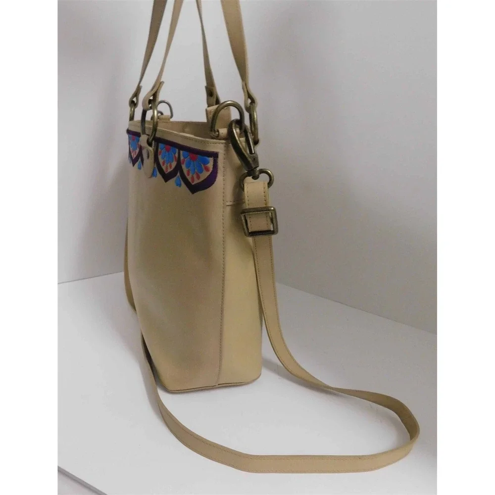 Anuschka Hand Painted Embroidered Tan Leather Parrot Large Tote Shoulder Bag‎
